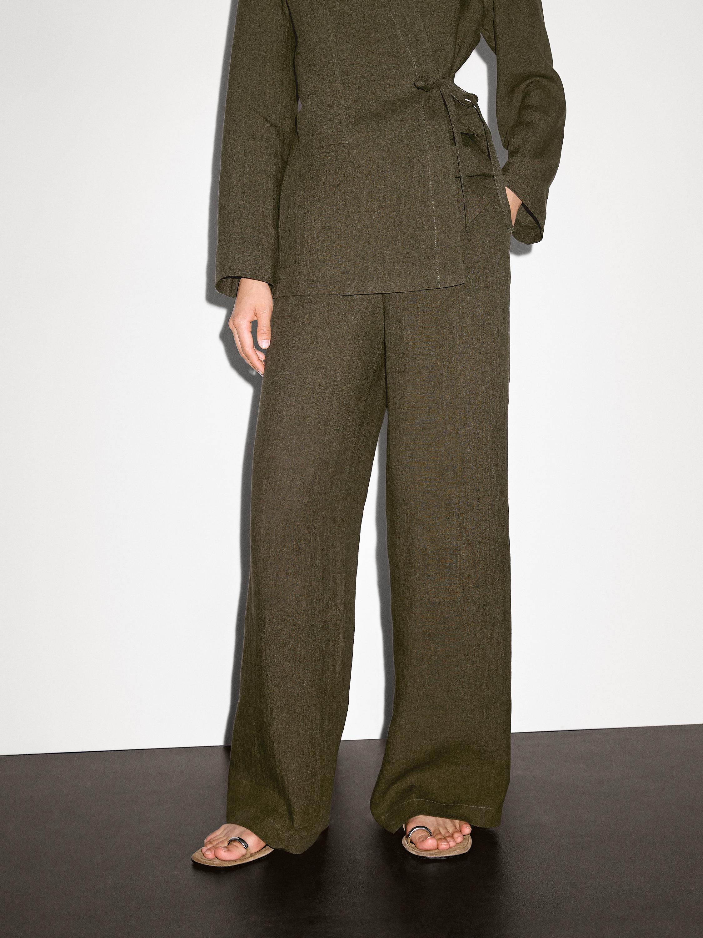 100% linen straight-leg trousers